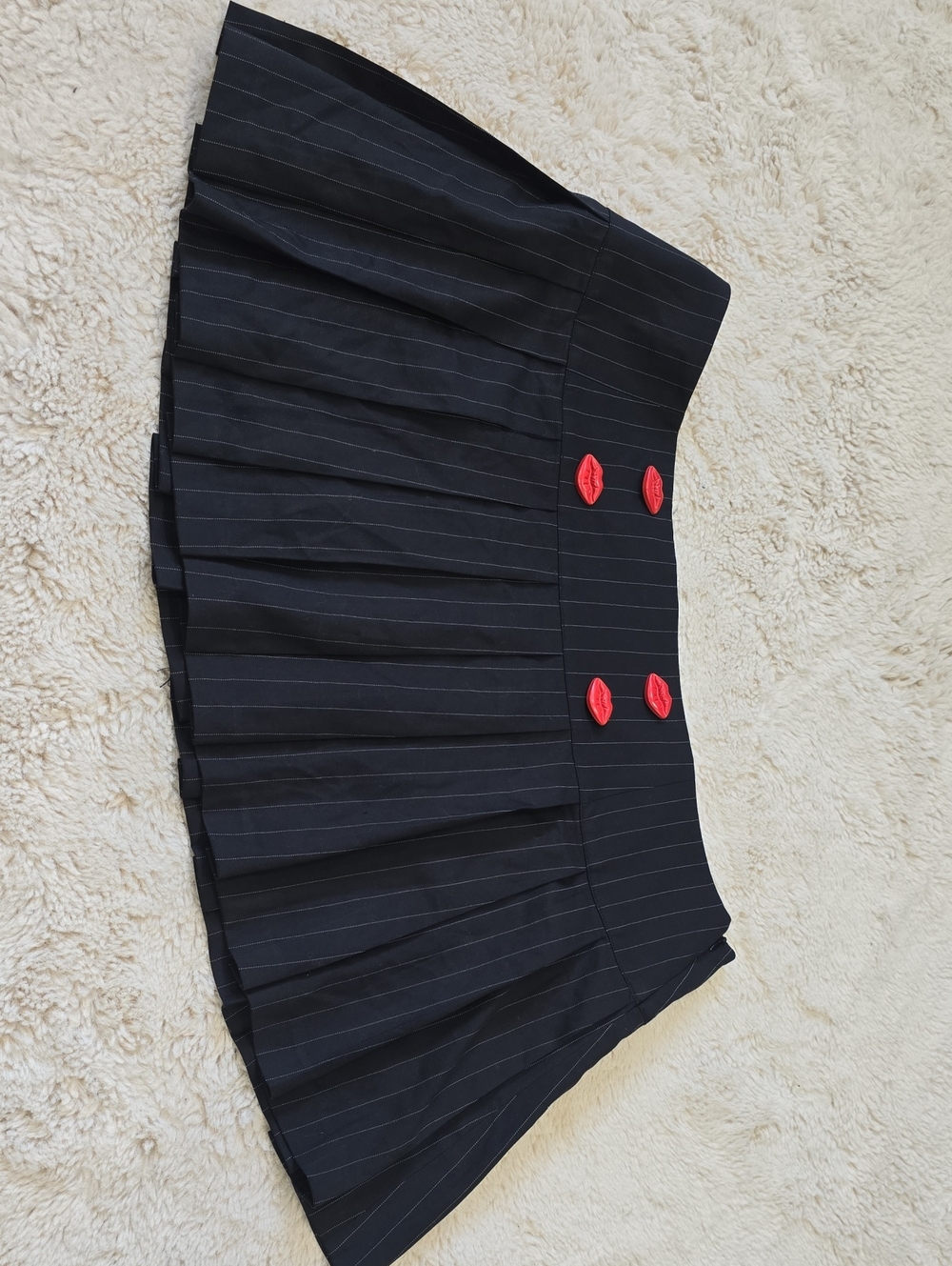 Black Pinstripe Pleated Mini Skirt with Red Lip Buttons